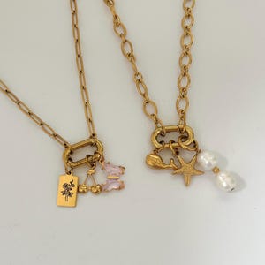 Goldene Kette mit Karabiner Verschluss - Charms zum einhängen Halskette -Personalisierbar, Multi Charm - geschenk für Sie - Gravur Kette