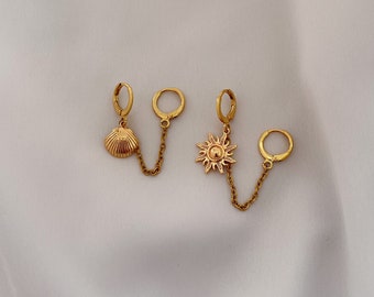 Small hoop earrings connected by a chain and pendant of your choice - Double Piercing - Hoop Earrings Set - Shell - Sun - Boho Earrings