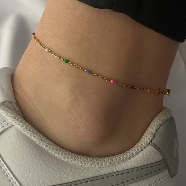 Fußkettchen in gold - bunt - kette mit Perlen - zart - Boho - Regenbogen Kettchen - Geschenk