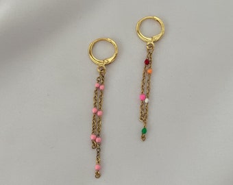 Mini hoop earrings with chain in gold - long earrings - Boho - pink / colorful earrings - Long Chain - Mix and Match - Gift for her - Boho