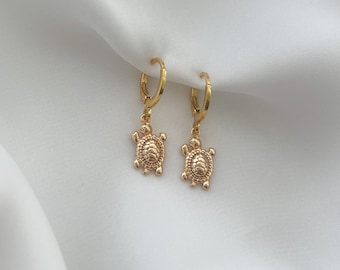 Turtle huggie earrings - mini charm pendant earrings in gold - surfer jewelry - gift for her - boho