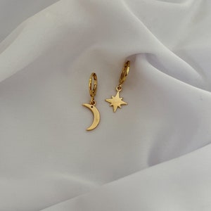 Small hoop earrings with moon and stars - half moon star earrings