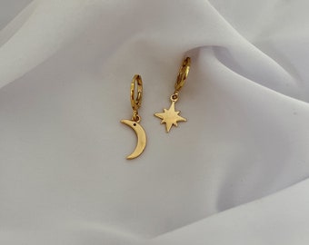 Small hoop earrings with moon and stars - half moon star earrings