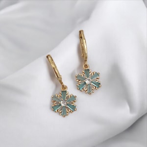 Hoop earrings with snowflake pendant - ice crystal charm - zirconia stone earrings - gift for her - boho