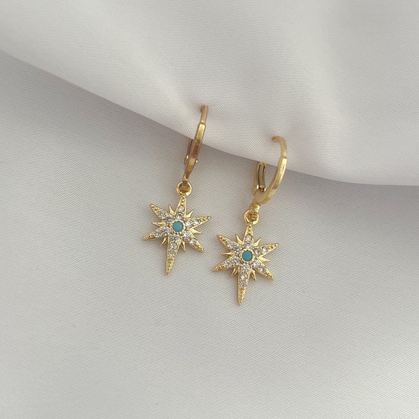 Boucles d'oreilles créoles avec pendentif étoile en strass - boucles d'oreilles en pierre de zircone en bleu et or - cadeau pour elle - bohème