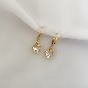 Heart earrings in gold - zirconia stone charm hoop earrings - love pendant - gold - boho - - gift for her - rhinestone stone jewelry