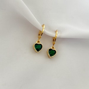 Golden hoop earrings with green heart pendant - zirconia charm earrings - gift for her - boho