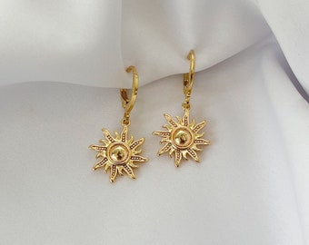 Small gold hoop earrings with sun pendant - charm earrings - astrology - gift for her - boho