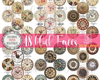 6 Decoupage Papers Set - 48 Retro Clock Faces Diam. 3.15" (80 mm) Victorian Steampunk, Vintage, Antique, Bird, Flower Watch Dials Craft Kit