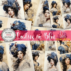 7 decoupagepapieren set Victoriaanse dames in blauw - gedrukt A4-formaat jaren 1900 ouderwetse vrouwenportretten, vintage collagevellen ambachtelijke kit