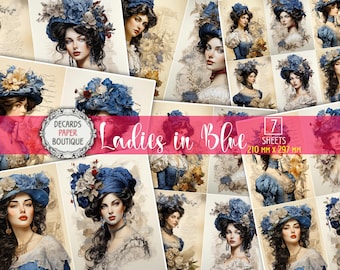 7 decoupagepapieren set Victoriaanse dames in blauw - gedrukt A4-formaat jaren 1900 ouderwetse vrouwenportretten, vintage collagevellen ambachtelijke kit