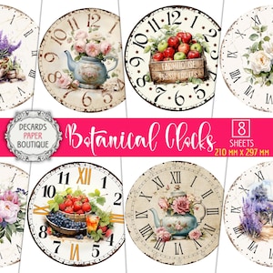 8 carte per decoupage Ø8 pollici quadranti di orologi - Stamperia arte botanica stampata ispirata cucina rustica decorazione di campagna francese quadranti di orologi kit artigianale