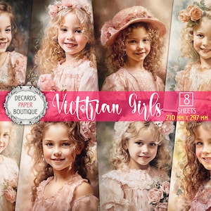 8 papeles para decoupage "Victorian Girls" (niñas victorianas) - Hojas A4 impresas - Retratos de acuarela de niños de la década de 1900, kit de manualidades con efímeras infantiles retro