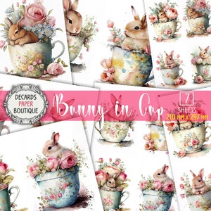7 Decoupage Papiere Set - Blumen Häschen in einer Tasse Ostern Clipart A4 size Collage Sheets, Shabby Chic Aquarell Kaninchen Süße Tiere Bastelset
