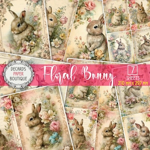 7 Decoupage Papier Set - Blumen Häschen Osterkaninchen Gemälde Gedruckte A4 Collage Sheets, Frühling Vintage Ephemera Pack, Ideales Bastelset