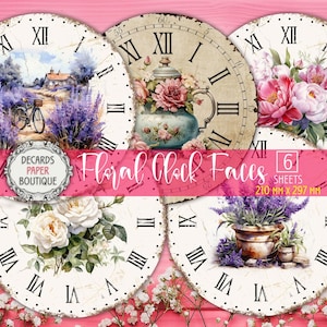 10 quadranti di orologi floreali stampati - 8", 4" quadranti di orologi retrò con numeri romani per decoupage fai da te / decorazione di campagna francese color lavanda / kit per la creazione di orologi