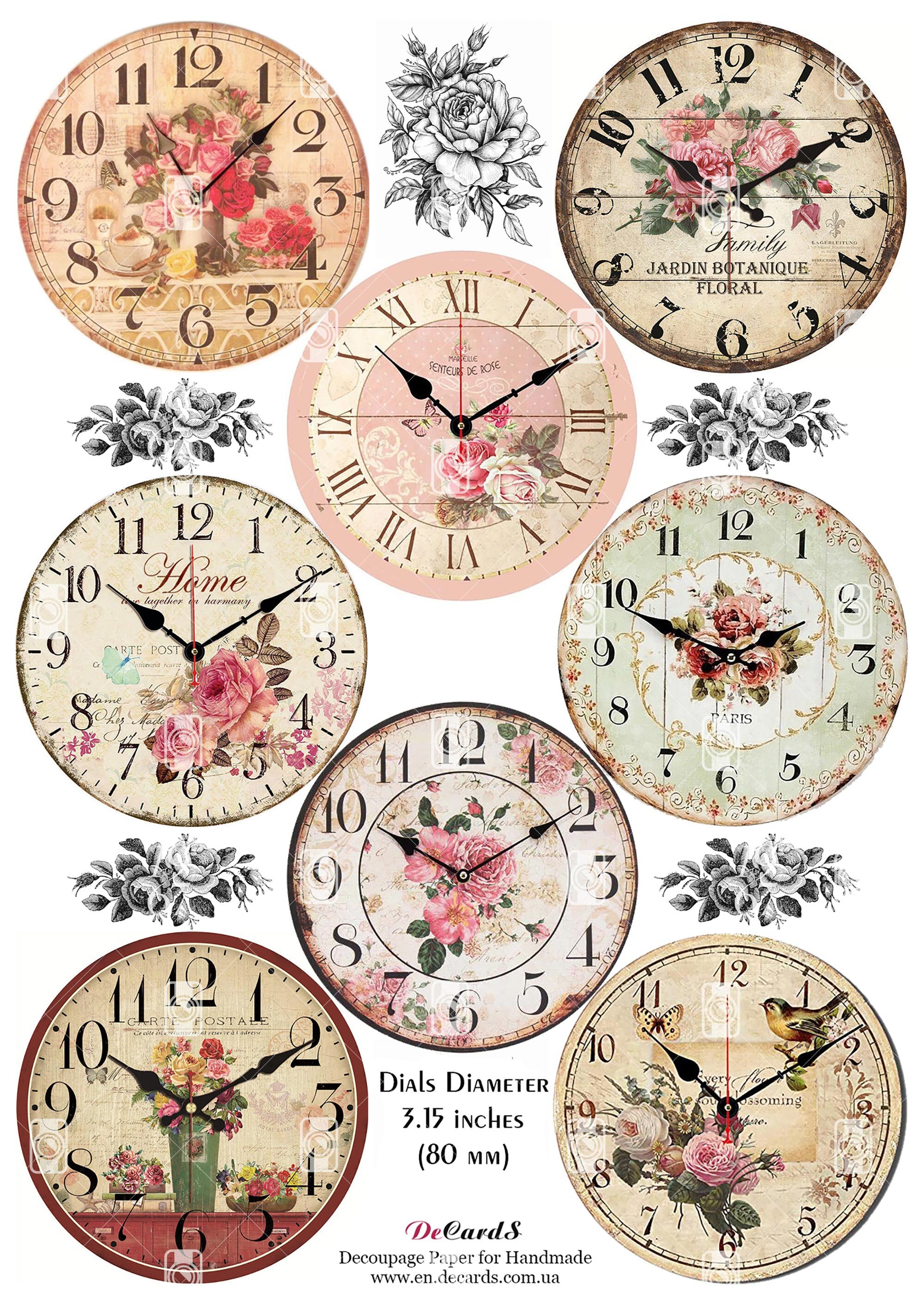 6 Decoupage Papers Set - 48 Retro Clock Faces Diam. 3.15