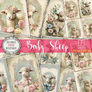 Juego de 7 papeles para decoupage: paquete de hojas de collage tamaño A4 con estampados de animales de oveja bebé, kit de manualidades estilo postal vintage Shabby Chic de cordero de Pascua