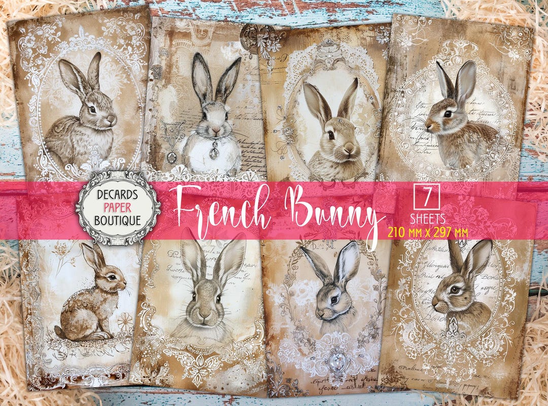 7 Rabbit Ephemera Decoupage Paper Set, French Bunny Printed A4 Size ...