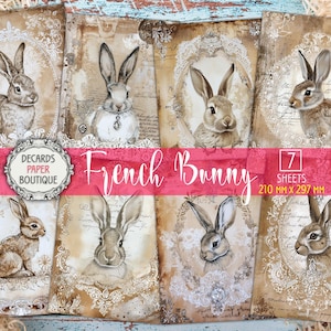 Set di 7 carta per decoupage effimera con conigli, fogli collage A4 stampati con conigli francesi, kit per diario spazzatura, pagina vintage di Pasqua ispirata a Stamperia