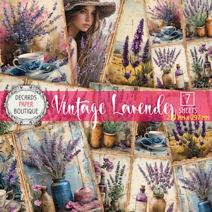 7 pages imprimées de journal indésirable lavande, paquet de papiers de découpage inspiré de Stamperia d'art botanique de taille A4, kit éphémère vintage de Style Français