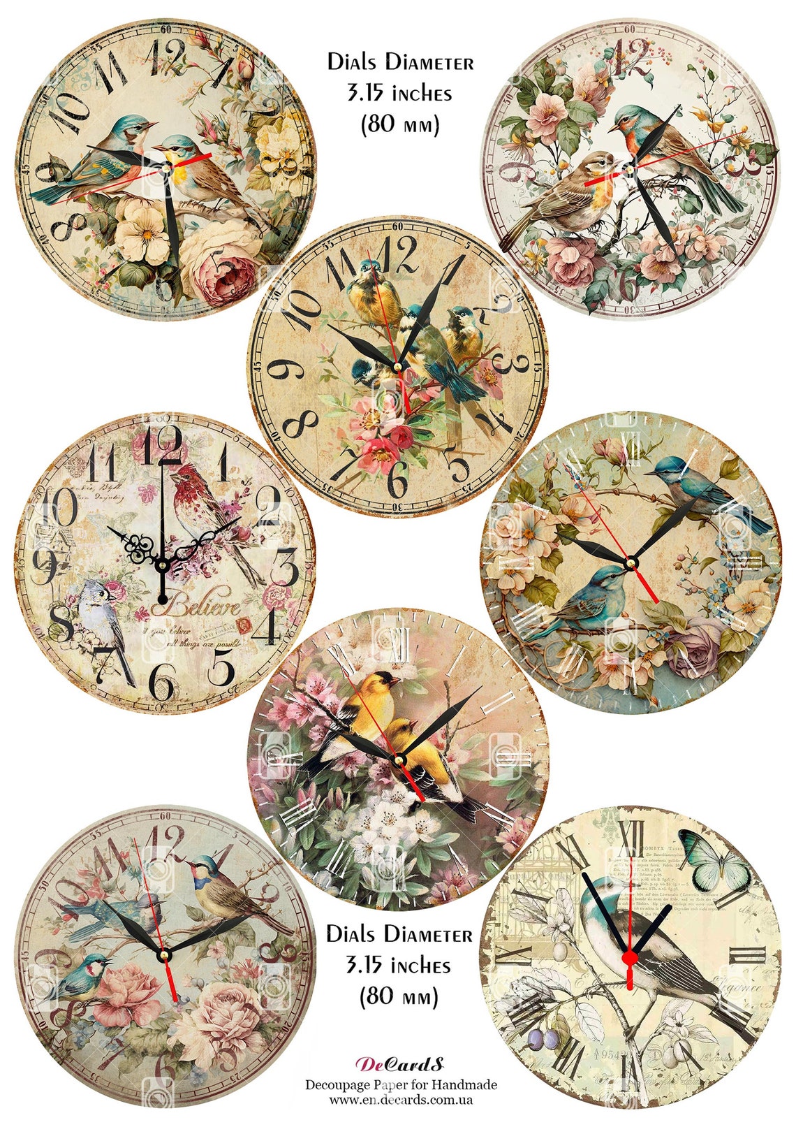 6 Decoupage Papers Set - 48 Retro Clock Faces Diam. 3.15