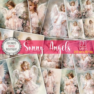 7 Decoupage Papiere Set - Sunny Engel Gedruckt A4 Größe Collage Blätter, Aquarell Süß Kleine Mädchen Bilder, Kinder Illustration Bastel Kit