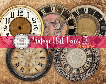 5 Printed 8", 4" Vintage Clock Faces for Decoupage, DIY Projects, Fussy Cut. Roman Numeral Retro Watch Dials. Home Decor Clock Making Kit