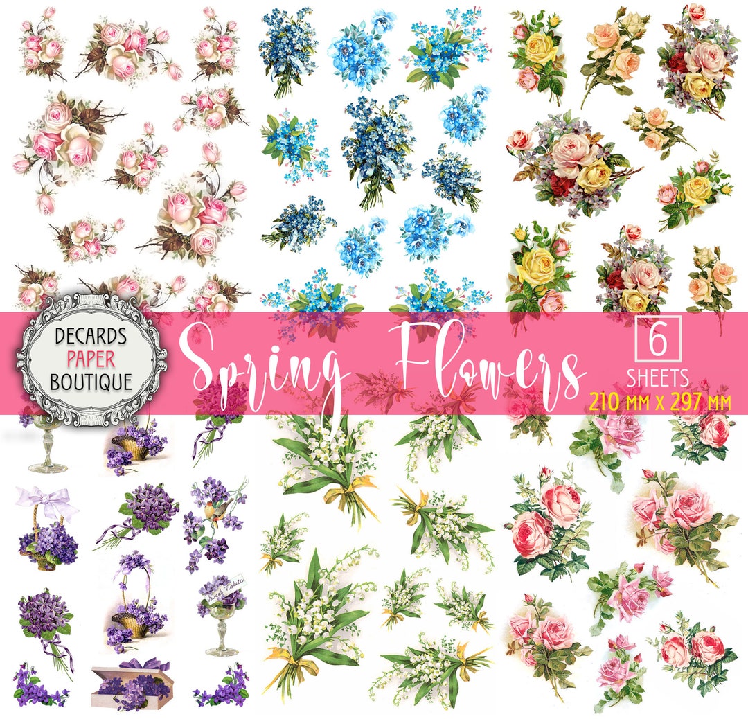 6 Decoupage Papers Set - Spring Flowers Clipart A4 Size Collage Sheets ...