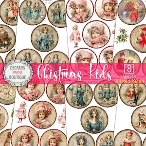 50 imágenes de círculos de 4" para niños de Navidad victoriana: 8 hojas A4 impresas con motivos de niños antiguos inspirados en Stamperia, colgantes de árboles para decoupage