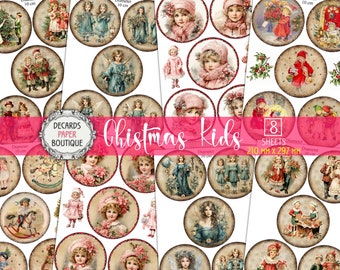 50 Viktorianische Weihnachtskinder 4 "Kreis Bilder - 8 gedruckte A4 Blätter Stamperia inspiriert Vintage altmodisch Kinder, Baum Anhänger Decoupage