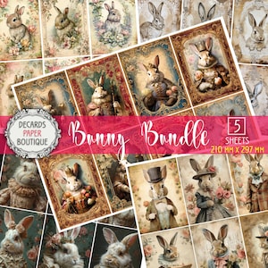 5 Decoupage Papiere Set - 40 gedruckte Mega Bundle Häschen ATC Karten Junk Journal Kit, Ostern viktorianischen Vintage französischen Stil Collage Sheet