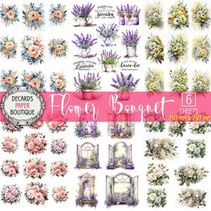 6 papéis de decoupage - clipart de buquê de flores tamanho A4 folhas de colagem, rosas chiques e surradas, lavanda, kit de artesanato floral em aquarela de arte botânica