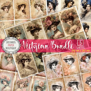 Set di 5 carte per decoupage - 40 carte ATC Mega Bundle stampate di donne vittoriane, kit di diario spazzatura, confezione di ritratti di donne vecchio stile anni '90