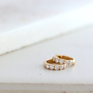 Solid Gold Moissanite Diamond Huggie Hoop Earrings, 10K Gold Diamond Mini Hoops, Minimalist Earrings image 2