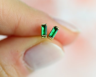 Tiny Emerald Baguette Studs, Green Baguette Earrings, Small Minimalist Earrings, May Birthstone Earring