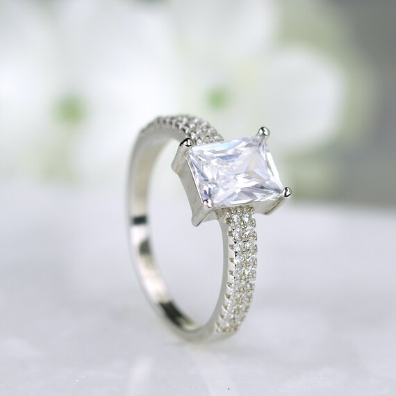 925 Silver Emerald Cut Engagement Ring Rectangle Ring Promise Ring Wedding Ring Placeholder Ring Etsy