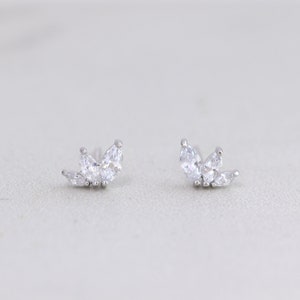 Marquise Trio Stud Earrings in Sterling Silver, Teardrop Diamond CZ Studs, Three Stone Studs