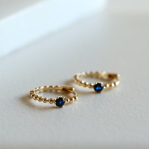 Blue Sapphire Beaded Huggie Hoop Earrings - Solid Gold Small Hoops, September Birthstone Cartilage Jewelry