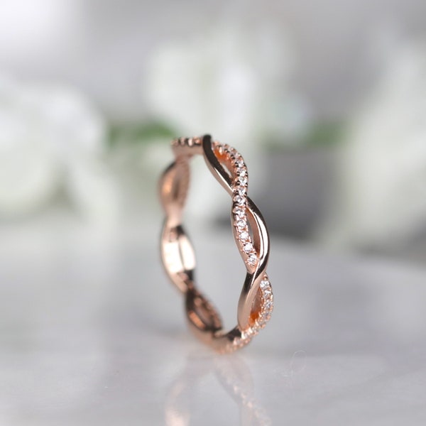 Rose Gold Petite Twist Full Eternity Ring, Sterling Silver Infinity Ring, Gold Stacking Ring, Minimalist Ring