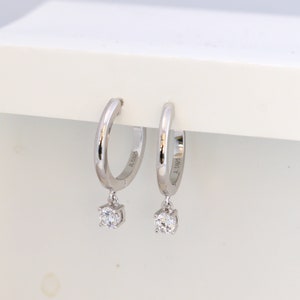 Solitaire Dangle Drop Small Hoop Earrings, Huggie Hoops, Sterling Silver Earrings, Minimalist Earrings