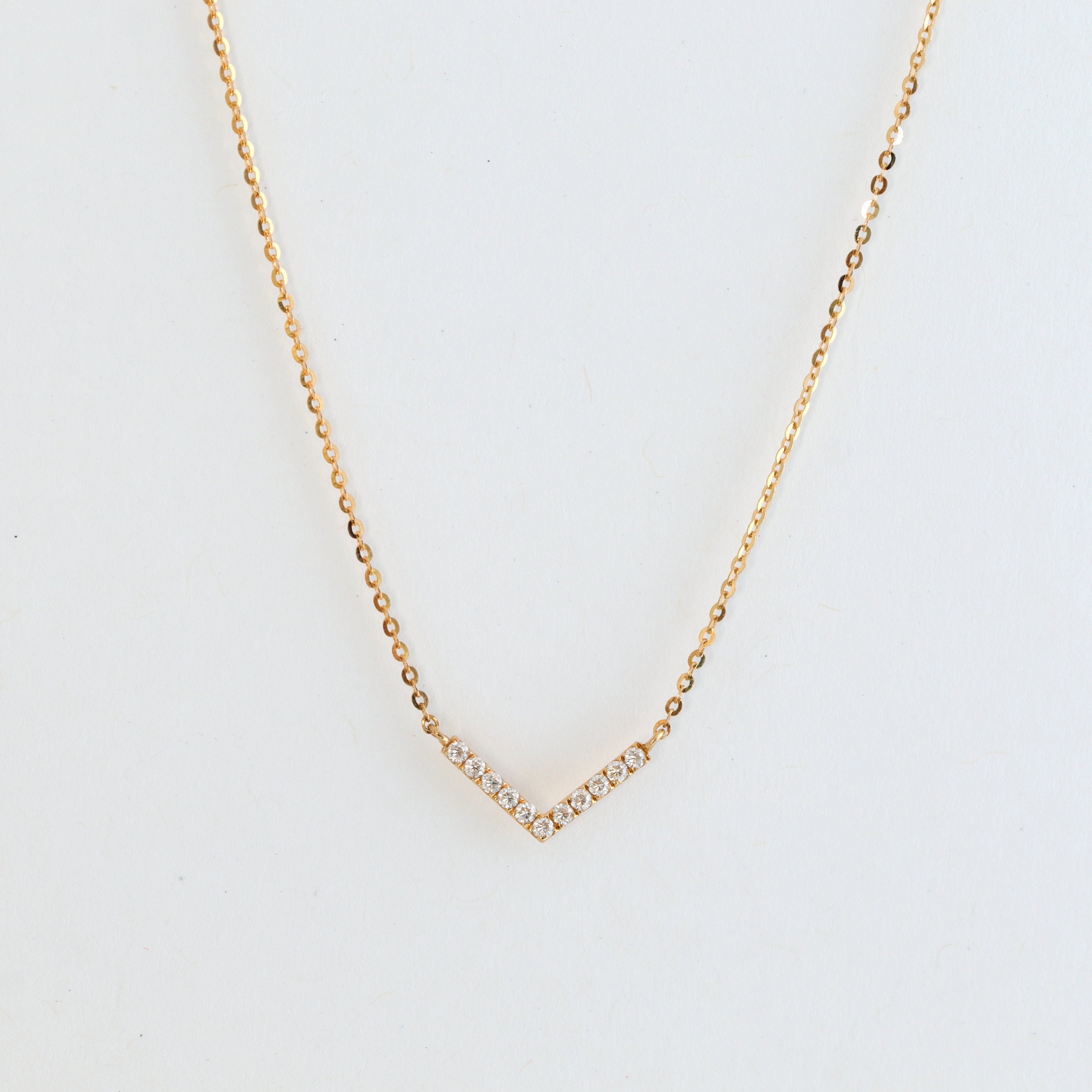Solid 10K Gold Chevron Choker Necklace, Wishbone Moissanite Diamond V Necklace, Dainty Layering Jewelry