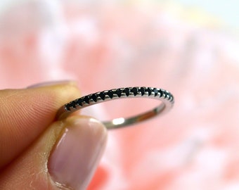 Stering Silver Black CZ Half Eternity Ring Wedding Band Dainty 1mm Silver Stacker Minimalist Stackable Ring