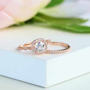 Cushion Cut Halo Bridal Ring Set Rose Gold Engagement Ring Sterling Silver Wedding Ring Set Anniversary Gift