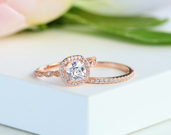 Cushion Cut Halo Bridal Ring Set Rose Gold Engagement Ring Sterling Silver Wedding Ring Set Anniversary Gift