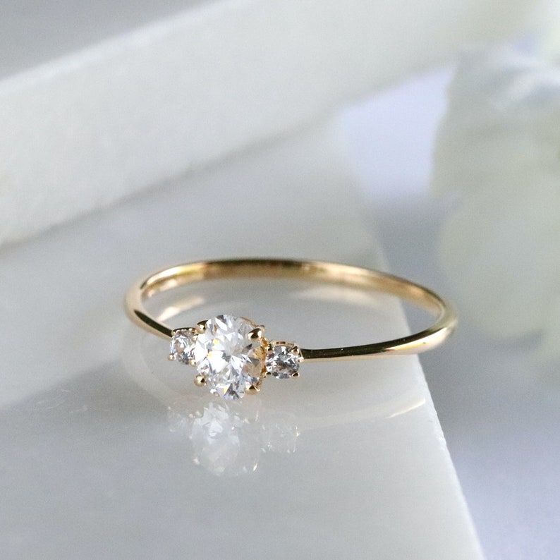 Petite Oval Cut Diamond Simulant Three Stone Ring in 10K Gold Engagement Ring, Promise Ring, Dainty Gold Ring, Moissanite Ring image 9