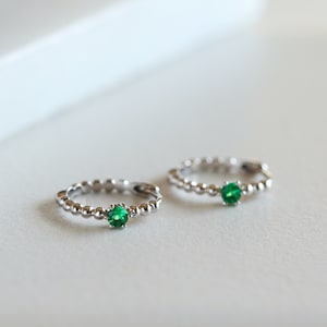Green Emerald Beaded Huggie Hoop Earrings - Solid Gold May Birthstone Jewelry, Dainty Minimalist Hoops