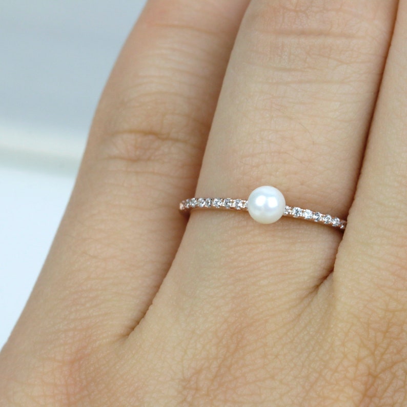 Thin Pearl Ring Dainty Stackable Half Eternity Ring Sterling SilverRose Gold Ring Stacking Ring
