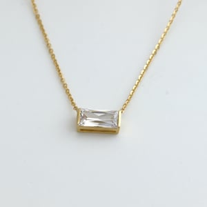 Dainty Solid Gold Baguette Diamond Solitaire Necklace, 10K White Gold Single Diamond Choker