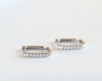 White Gold Oblong Huggie Hoops, Moissanite Diamond Hoop Earrings, Rectangular Hoops, U Shape Hoops, Minimalist Jewelry